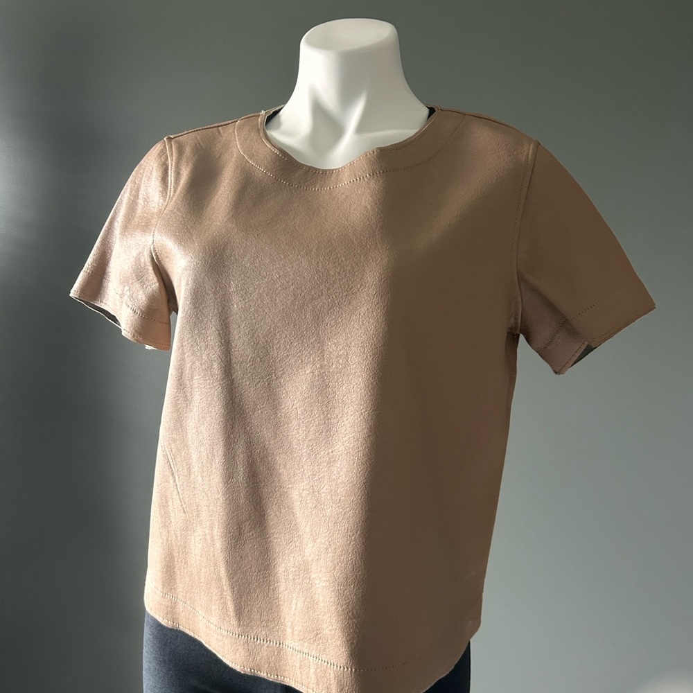 BCBGMaxAzria Reversible Tan Short Sleeve  Faux Leather Top